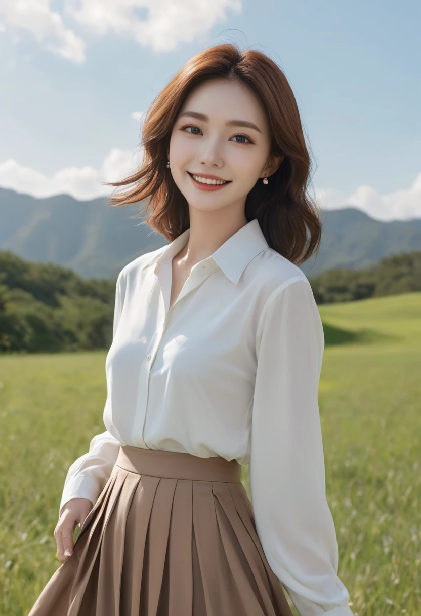 Korean woman with short medium hair wearing luxury brand white long sleeve shirt, short and petite, very beautiful.!, Get inspired by Son Ye-jin, 8K vertical rendering, photo realistic beautiful face, big eyes,double eyelid, black eye, Wear a dark round neck t-shirt. beige jean pants. Warm light in vineyards at dawn in rural Italy, The morning sun shines beautifully. Standing on a curved path. (digital painting, HDR, high contrast),, (best quality:1.4, 8k 3D, 45,000,000,000,pixel,),(masterpiece:1.3),(sharp focus:1.2),(Full body shot with Canon camera 16-35 wide angle lens, 포도 밭이 내려다 보이는 언덕 위 Standing on a curved path, 32 inches, A woman of and short stature, A cathedral can be seen in the distance through thick fog., Vineyards with vivid image quality,