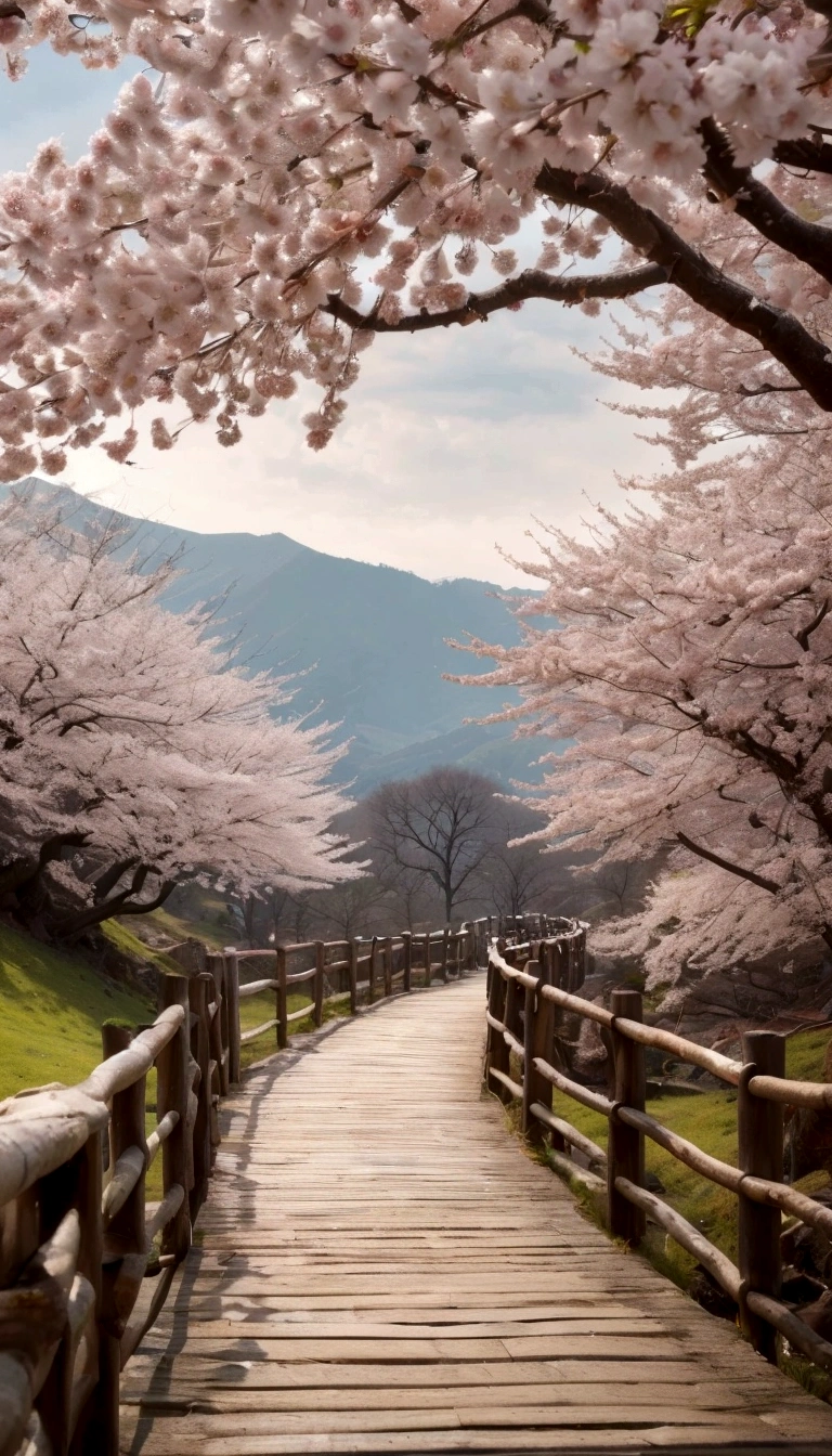 Highly detailed CG Unity 8K wallpapers displayed in realistic quality。Acclaimed Artists、Handcrafted by Guido Daniele。Trimmed with traditional lace、A woman in a kimono decorated with a garland、It depicts walking across a wooden bridge over a wet stone-brick road.。She is wearing two-toed socks and clogs.、Adds authenticity。Cherry blossom petals falling on the cherry blossom crest in a serene landscape、It creates a tranquil and picturesque atmosphere。