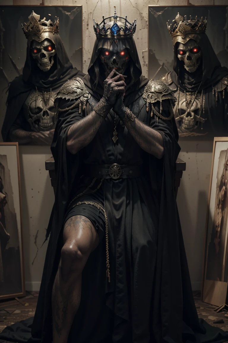 King of the dead sitting on the throne, king of the dead with a crown of bones, web, black robe, with a black blade in his hand, fantasy, dramatic photo, dynamic photo, full body view, model poses, blurred background, highly detailed, ultra-realistic, 8k, (realistic:1.3), poster, intricate details, painting \(artwork\), ((masterpiece,best quality)), ((cinematic light)), hyperealistic, fearsome, dark fantasy \(style\), detailed armor, detailed helmet, eight hands, eight eyes, terrible, scary, ugly, (dark shot:1.17), epic realistic, faded, ((neutral colors)), art, (hdr:1.5), (muted colors:1.2), hyperdetailed, (artstation:1.5), cinematic, warm lights, dramatic light, (intricate details:1.1), complex background, (rutkowski:0.8), (teal and orange:0.4)