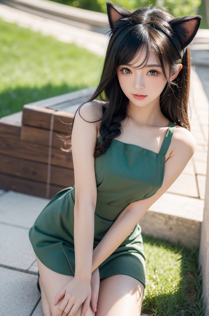 ((masterpiece)), ((best quality)), (ultra-detailed), ((kawaii)), cute, (lovely), ((sexy)), (ero), ((extremely detailed)), 4K, (8K), best quality, (beautiful), chibi, green meadow, a cute girl, solo, apron, beautiful black hair, beautiful orange eyes, (beautiful eyes), cat ears, blush
