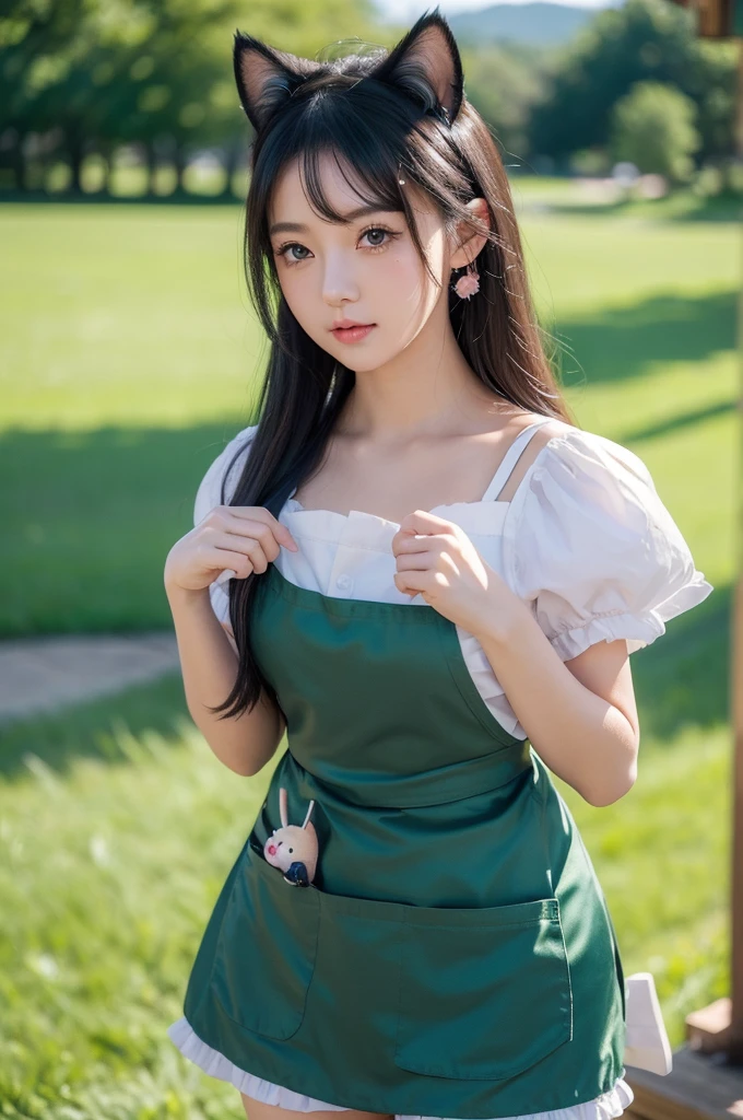 ((masterpiece)), ((best quality)), (ultra-detailed), ((kawaii)), cute, (lovely), ((sexy)), (ero), ((extremely detailed)), 4K, (8K), best quality, (beautiful), chibi, green meadow, a cute girl, solo, apron, beautiful black hair, beautiful orange eyes, (beautiful eyes), cat ears, blush