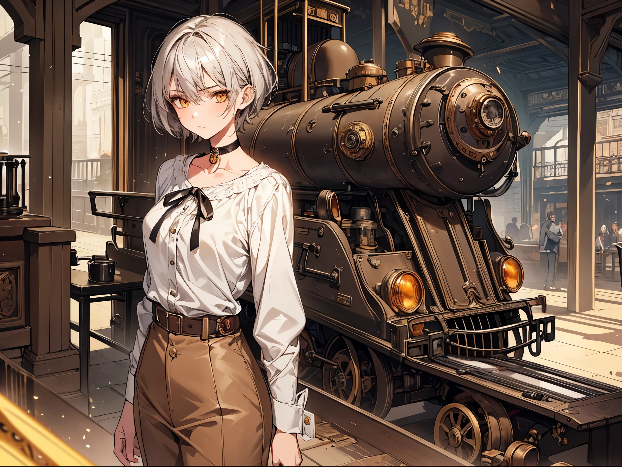 masterpiece, Highest quality, Perfect Face, Highest Resolution, Highest quality,Detailed depiction of the eyes, 1 girl, young, slender body, Short, deep tan skin, slate gray hair, short hair, upturned eyes, Yellow Orange eyes, Perfect Anatomy, steampunk, ribbon choker, Work clothes, steam locomotive, station