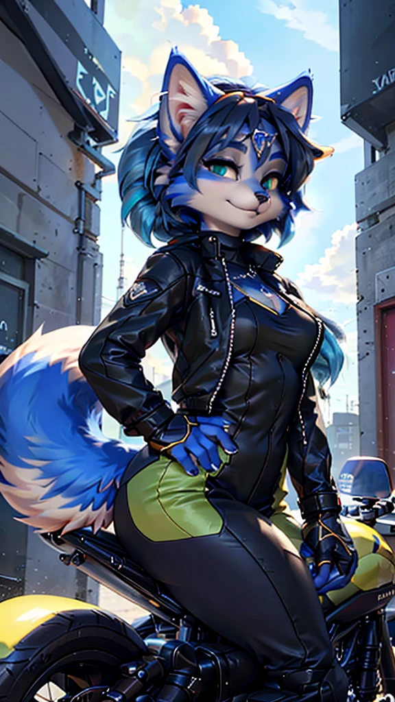 A beautiful and detailed (sweet portrait) wa ((Krystal)), Star Fox Krystal, lovable, green eyes, medium breasts, (((Long blue hair 1.3))),  ((black hair tips)), Decollete, anthro, furry, Uploaded E621, detailed fluffy fur, (wa Fluff-Kevlar, Bayard Wu, Personalami, Pino Daeni), detailed face, (fluffy), 1 girl, alone, sweet girl, lederjacke, fährt motorrad, lederkombi
