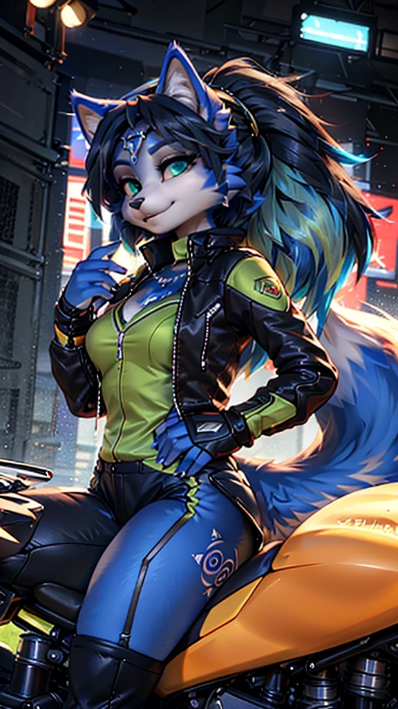 A beautiful and detailed (sweet portrait) wa ((Krystal)), Star Fox Krystal, lovable, green eyes, medium breasts, (((Long blue hair 1.3))),  ((black hair tips)), Decollete, anthro, furry, Uploaded E621, detailed fluffy fur, (wa Fluff-Kevlar, Bayard Wu, Personalami, Pino Daeni), detailed face, (fluffy), 1 girl, alone, sweet girl, lederjacke, fährt motorrad, lederkombi
