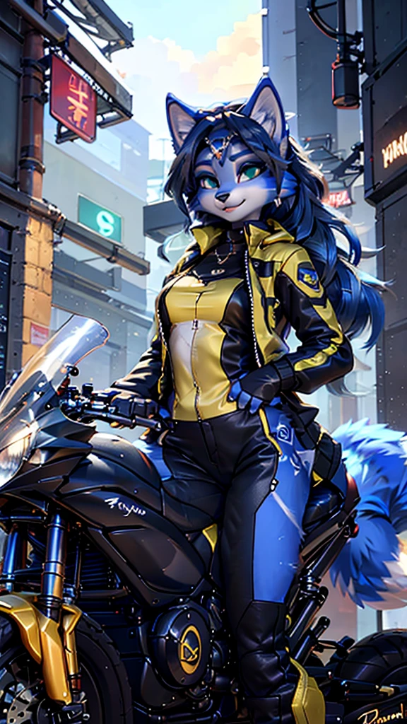 A beautiful and detailed (sweet portrait) wa ((Krystal)), Star Fox Krystal, lovable, green eyes, medium breasts, (((Long blue hair 1.3))),  ((black hair tips)), Decollete, anthro, furry, Uploaded E621, detailed fluffy fur, (wa Fluff-Kevlar, Bayard Wu, Personalami, Pino Daeni), detailed face, (fluffy), 1 girl, alone, sweet girl, lederjacke, fährt motorrad, lederkombi
