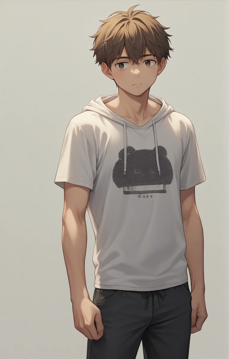 anime style, (otome game character), Age: 24, Height: 180, Hair Color: Black, Eye Color: brown, Clothing Style: Casual. He dresses is hoodies, t-shirts, pants. Kinda of Gen Z style. His hair is medium length. Has like bangs and a bit messy due to having hairs.