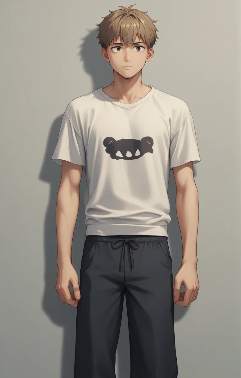 anime style, (otome game character), Age: 24, Height: 180, Hair Color: Black, Eye Color: brown, Clothing Style: Casual. He dresses is hoodies, t-shirts, pants. Kinda of Gen Z style. His hair is medium length. Has like bangs and a bit messy due to having baby hairs.