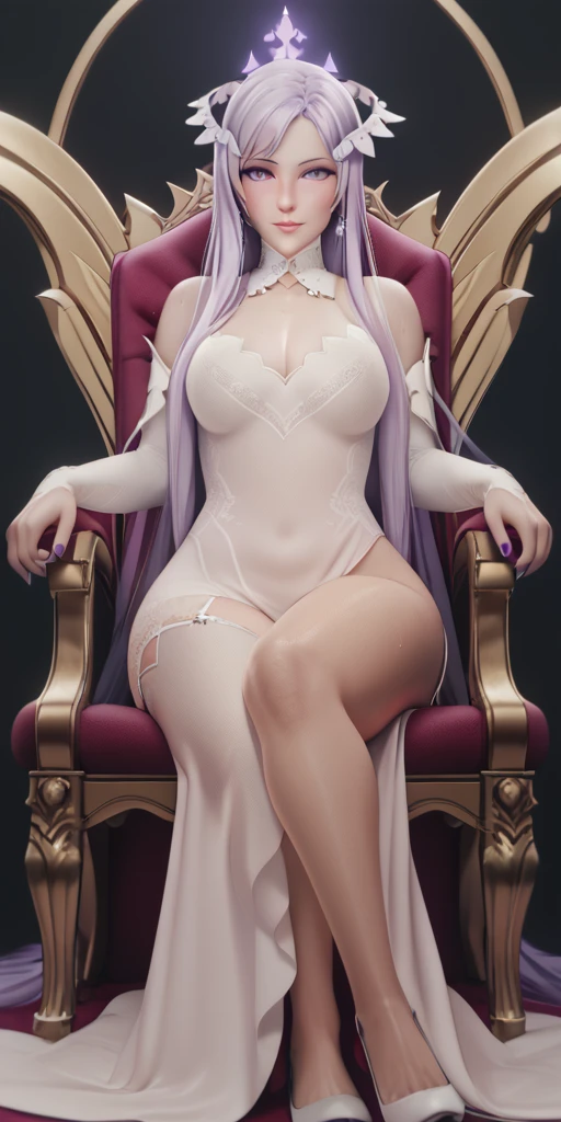 score_9, score_8_up, score_7_up, score_6_up, uncensored, quinella, absurdly long hair, purple eyes, long hair, parted bangs, purple hair, very long hair, hair ornament, horny face, blush face, lips, naughty face, sweating, steaming body, curvy, voluptuous, 1girl, sitting, (spread legs), solo, jewelry, earrings, throne, dress, full_body, bare_shoulders, looking_at_viewer, crown, breasts, white_dress, simple_background, glowing eyes,