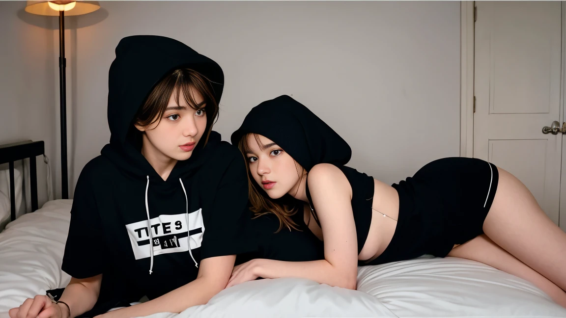 deux femmes ensemble de 18 ans sexy et mince , black short sleeve hoodie , sur un lit, se touche,position sey,sensuel,doggystyle,