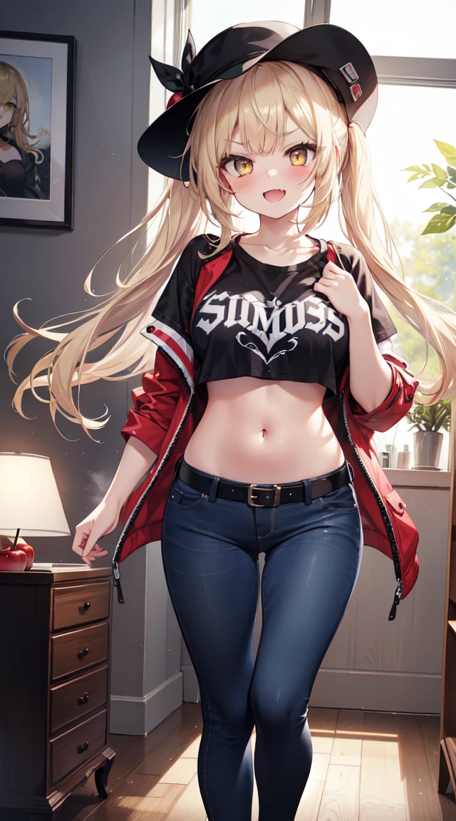 A girl, Standing with his head bowed, Long blonde disheveled hair, sharp teeth, Wild Red Eyes, Sporty top, T-shirt on top with inscription "71,6", The hand touches the chest, little chest, jeans,