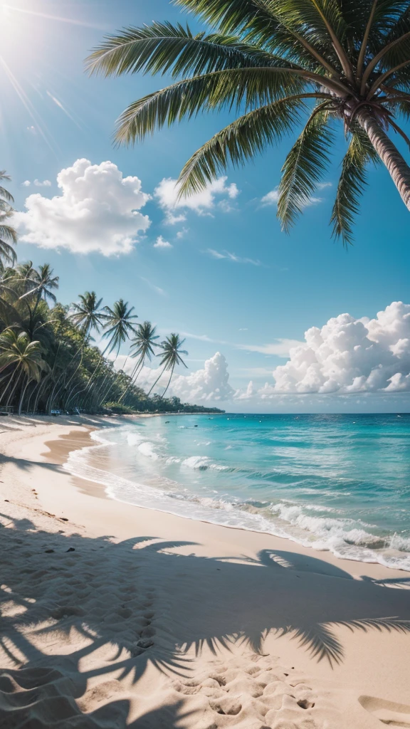 Ultra realistic beach with coconut tree and different waves and surfboard on the sand