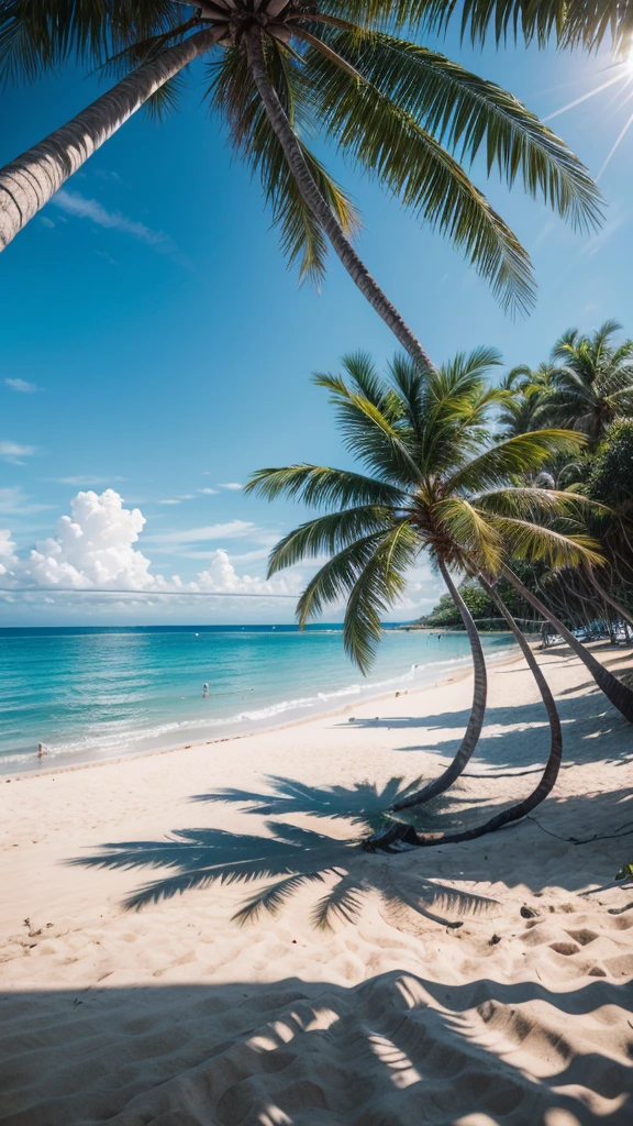 Ultra realistic beach with coconut tree and different waves and surfboard on the sand