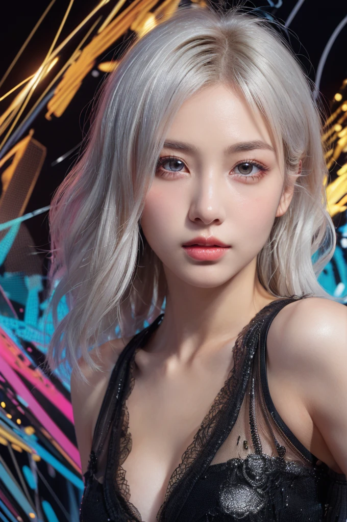 Best quality, masterpiece, ultra high res, (photorealistic:1.4), raw photo, 1girl, silver hair, shiny skin, dramatic lighting