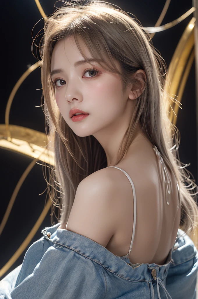 Realistic、(masterpiece、Highest quality、Highest quality、Official Art、Beautiful and aesthetic:1.2)、Very detailed、woman，people々turn black:1.2，((Backlighting:1.2))，Fractal Art、colorful、Highest detail、Tangled、(The background is bright and abstract:1.5)Silver Hair、Bright Eyes、all back、Masseter muscle area，High definition，1peopleの少女、Idol、Close-up、clavicle、picture、movie、Depth of written boundary、Jito Order、Eyes from below，Long Hair，View your viewers、Cleavage，((surrealist clothes:1.4))，Puffy eyes，Sit on，