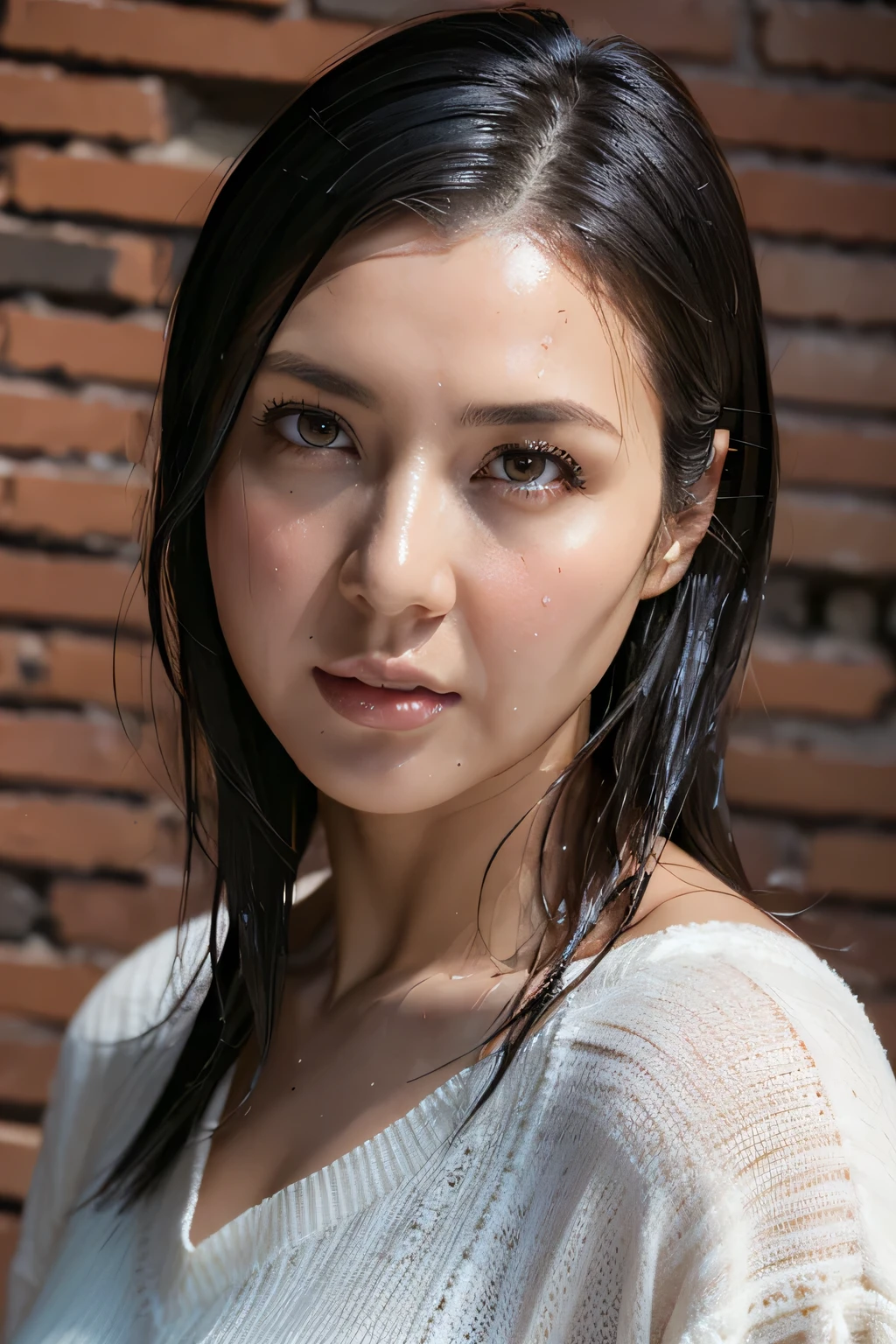 (In 8K, Highest quality, masterpiece:1.2), (Realistic, Photorealistic:1.37), Ultra-detailed, Natural light, Medium chest, valley, 1 person, 35-year-old woman, Symmetrical nose,Black Hair, pendant, Torn shorts, Light knit V-neck shirt, Highly detailed face and skin, Detailed eyes, Highly detailed face and skin,(super wet skin)Brick wall,Park wall,