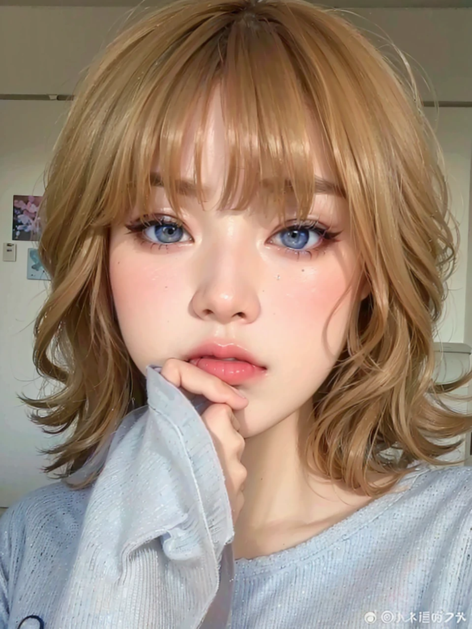 (best quality,4k,8k,highres,masterpiece:1.2),ultra-detailed,(realistic,photorealistic,photo-realistic:1.37),oil painting,soft brush strokes,portrait,beautiful woman,feminine,blue shirt,brown hair,pastel blue eyes,gorgeous detailed eyes,sexy expression,Sakimichan's artwork,ulzzang-like appearance,pale blue eyes,dreamy atmosphere,ethereal,subtle lighting,sharp focus,elegant pose,light blue background,aesthetic detailed eyelashes,brows and face shading,realistic portrait,mesmerizing mood,highlighting eyes and expression,creating shadows and highlights,depth and dimension,softness and grace through colors,lighting and composition