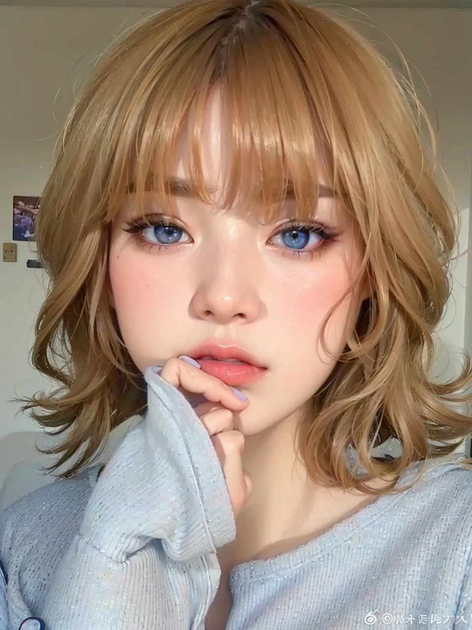 (best quality,4k,8k,highres,masterpiece:1.2),ultra-detailed,(realistic,photorealistic,photo-realistic:1.37),oil painting,soft brush strokes,portrait,beautiful woman,feminine,blue shirt,brown hair,pastel blue eyes,gorgeous detailed eyes,sexy expression,Sakimichan's artwork,ulzzang-like appearance,pale blue eyes,dreamy atmosphere,ethereal,subtle lighting,sharp focus,elegant pose,light blue background,aesthetic detailed eyelashes,brows and face shading,realistic portrait,mesmerizing mood,highlighting eyes and expression,creating shadows and highlights,depth and dimension,softness and grace through colors,lighting and composition