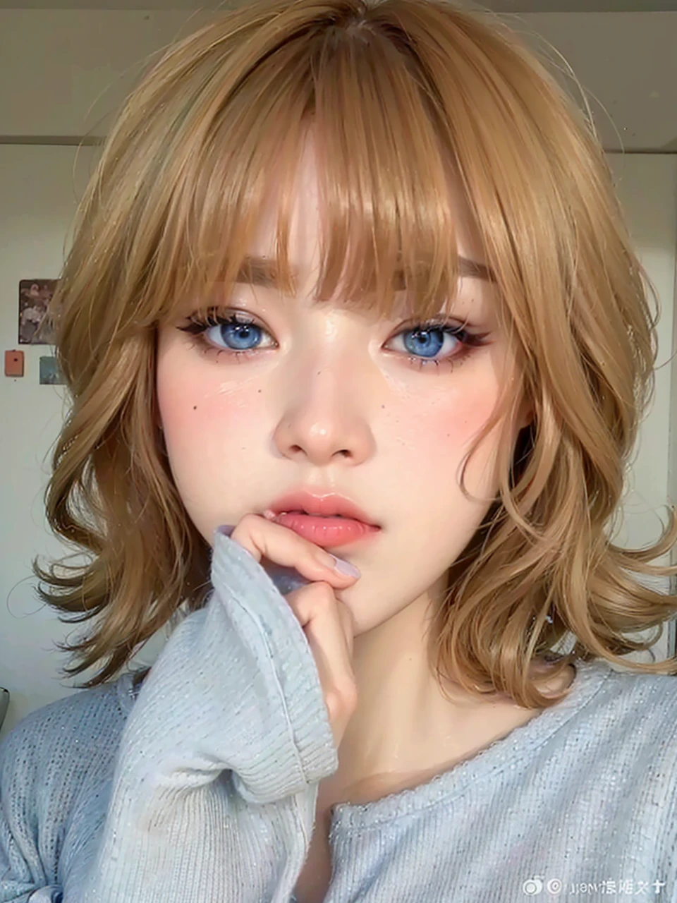 (best quality,4k,8k,highres,masterpiece:1.2),ultra-detailed,(realistic,photorealistic,photo-realistic:1.37),oil painting,soft brush strokes,portrait,beautiful woman,feminine,blue shirt,brown hair,pastel blue eyes,gorgeous detailed eyes,sexy expression,Sakimichan's artwork,ulzzang-like appearance,pale blue eyes,dreamy atmosphere,ethereal,subtle lighting,sharp focus,elegant pose,light blue background,aesthetic detailed eyelashes,brows and face shading,realistic portrait,mesmerizing mood,highlighting eyes and expression,creating shadows and highlights,depth and dimension,softness and grace through colors,lighting and composition