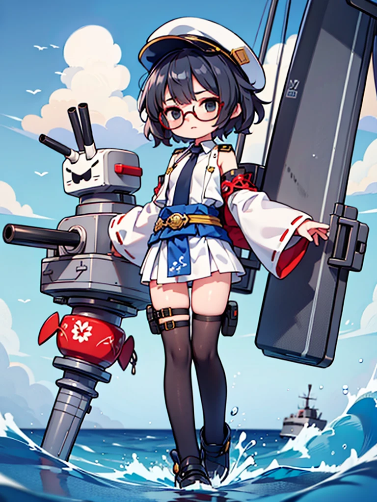 ((((Full body of a woman with perfect flat chest、solo、Short unkempt black hair、Tie your messy hair at the nape of your neck、white military jacket、Miko costume、tights、Black glasses、White military cap、Cloudy black eyes、Sleepy expression)))), (((masterpiece))), (((Shipgirl))), ((Floating on the morning sea with both feet)), (Spread your legs wide open), (Hold the turret with your right hand), (Mechanical arms extending from the waist are used to equip the ship with battleship equipment.), (Equipped with a turret on the back), (Holds the turret with his left arm), Shotgun shells are attached to the thigh with a belt, Spreading the Machine's Wings, Machine tail, shotgun,