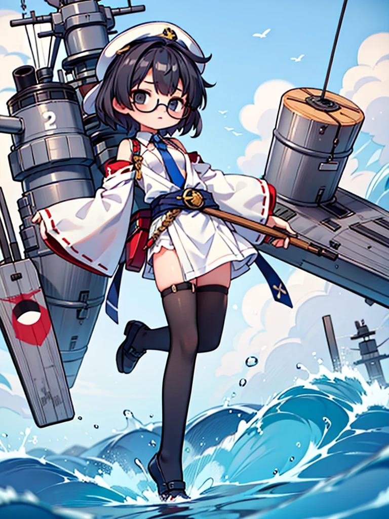 ((((Full body of a woman with perfect flat chest、solo、Short unkempt black hair、Tie your messy hair at the nape of your neck、white military jacket、Miko costume、tights、Black glasses、White military cap、Cloudy black eyes、Sleepy expression)))), (((masterpiece))), (((Shipgirl))), ((Floating on the morning sea with both feet)), (Spread your legs wide open), (Hold the turret with your right hand), (Mechanical arms extending from the waist are used to equip the ship with battleship equipment.), (Equipped with a turret on the back), (Holds the turret with his left arm), Shotgun shells are attached to the thigh with a belt, Spreading the Machine's Wings, Machine tail, shotgun,