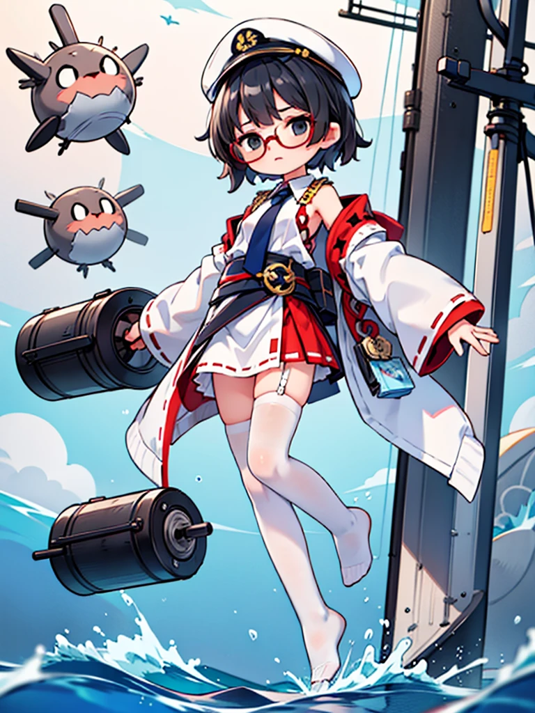 ((((Full body of a woman with perfect flat chest、solo、Short unkempt black hair、Tie your messy hair at the nape of your neck、white military jacket、Miko costume、tights、Black glasses、White military cap、Cloudy black eyes、Sleepy expression)))), (((masterpiece))), (((Shipgirl))), ((Floating on the morning sea with both feet)), (Spread your legs wide open), (Hold the turret with your right hand), (Mechanical arms extending from the waist are used to equip the ship with battleship equipment.), (Equipped with a turret on the back), (Holds the turret with his left arm), Shotgun shells are attached to the thigh with a belt, Spreading the Machine's Wings, Machine tail, shotgun,