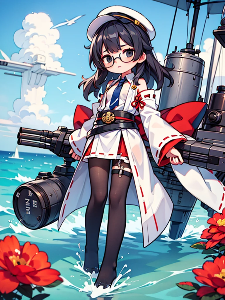 ((((Full body of a woman with perfect flat chest、solo、Short unkempt black hair、Tie your messy hair at the nape of your neck、white military jacket、Miko costume、tights、Black glasses、White military cap、Cloudy black eyes、Sleepy expression)))), (((masterpiece))), (((Shipgirl))), ((Floating on the morning sea with both feet)), (Spread your legs wide open), (Hold the turret with your right hand), (Mechanical arms extending from the waist are used to equip the ship with battleship equipment.), (Equipped with a turret on the back), (Holds the turret with his left arm), Shotgun shells are attached to the thigh with a belt, Spreading the Machine's Wings, Machine tail, shotgun,