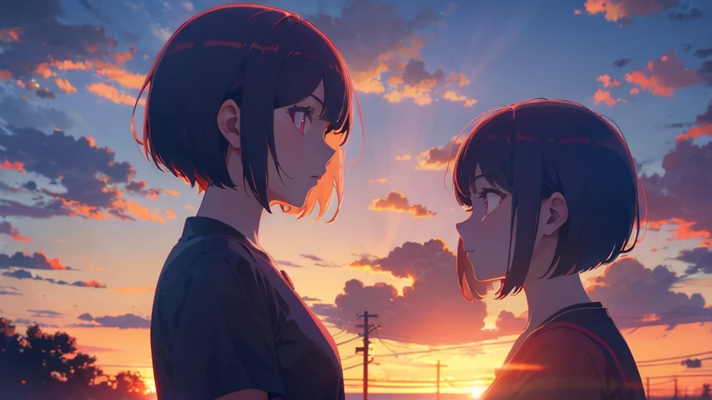 girl with short bob hair,Red eyes ,A shining sunset,sunset,Side view,Background center,4 of screens\Person 1