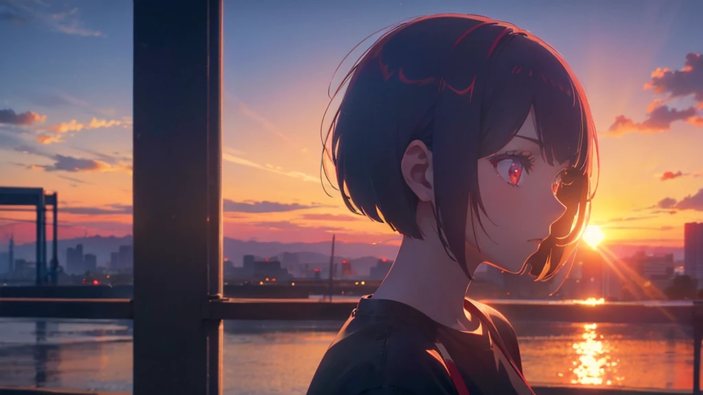 girl with short bob hair,Red eyes ,A shining sunset,sunset,Side view,Background center,4 of screens\Person 1