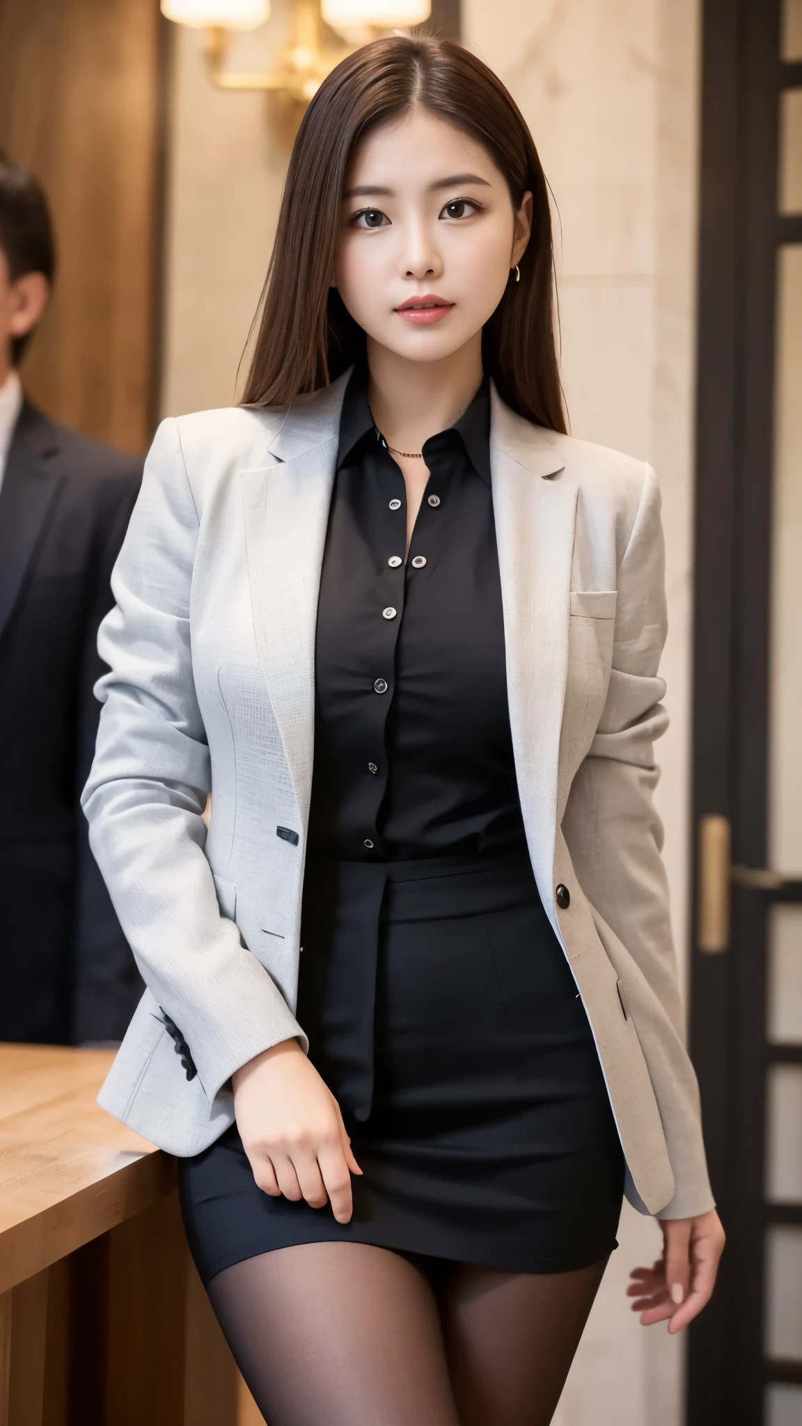(((masterpiece))), (((Highest quality: 1.4))), ((Very detailed: 1.4)) , ulzzang-6500-v1.1, (RAW Photos:1.2), (Photorealistic), (Genuine:1.4), Sharp focus、High resolution,business suitを着た上品な上流階級のエリート女性, 厳格なbusiness suitを着ている, Wearing ultra-realistic pantyhose、Wear high-quality high heels、 Girl in suit, business suitを着ている, business suitを着ている, business suitを着て, Businesswoman, Business Attire, 黒のbusiness suitを着ている, Wearing a jacket and skirt, business suitを着た女性, business suit, business attire, Luxury Suits、Makeup, Sharp Eyes、(Detailed Background:1.2), Exposed thighs!!!,