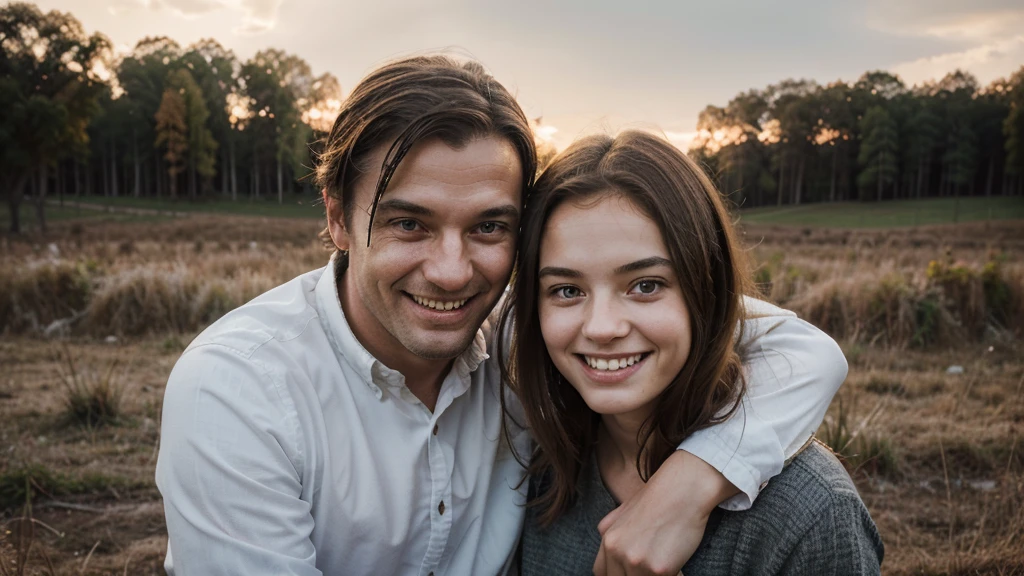"Create a realistic photo of a father with a devilish smile embracing his two daughters. The father should have an eerie yet subtly charming expression, while the daughters appear happy and innocent. The setting should be a family gathering, with a natural background that suggests warmth and closeness. The photo should have a natural, realistic feel."