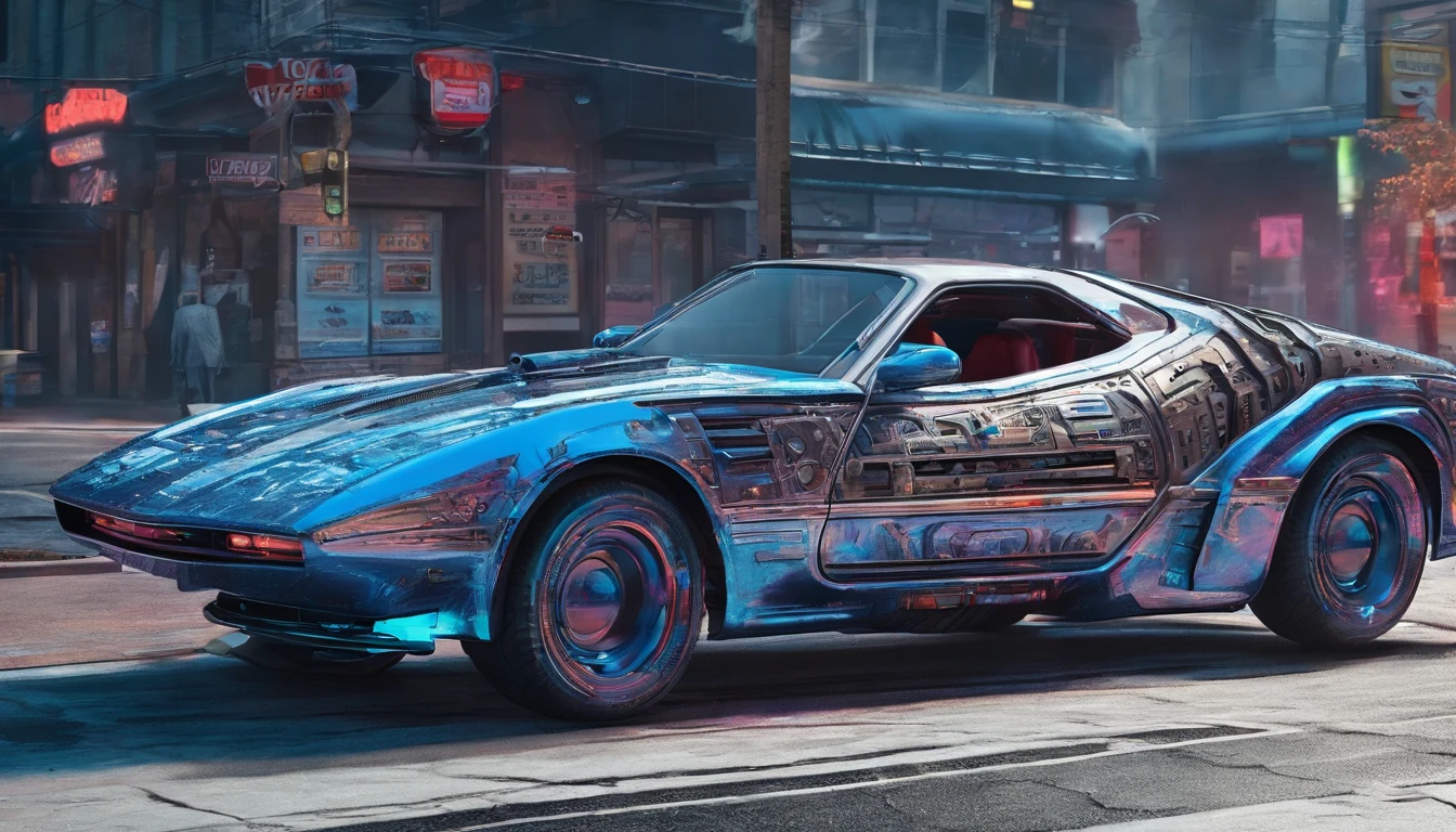 A captivating conceptual art piece featuring an extraordinary 3D render of a metallic raccoon cyberpunk sports car, designed in Michael Westmore's distinctive style. The vehicle is a seamless blend of a 1980s Trans Am and 1974 Winnebago, gliding through the quaint, Main Street of Canton, New York, at midday. The metallic silver and blue wired construction showcases intricate details, from the motherboard integrated into the car's backbone diodes, stacks and riveting ribs, of the vehicle. The design masterfully combines vibrant colors, dark fantasy, and cinematic elements, resulting in a striking portrait of a cyberpunk metallic sports car. 