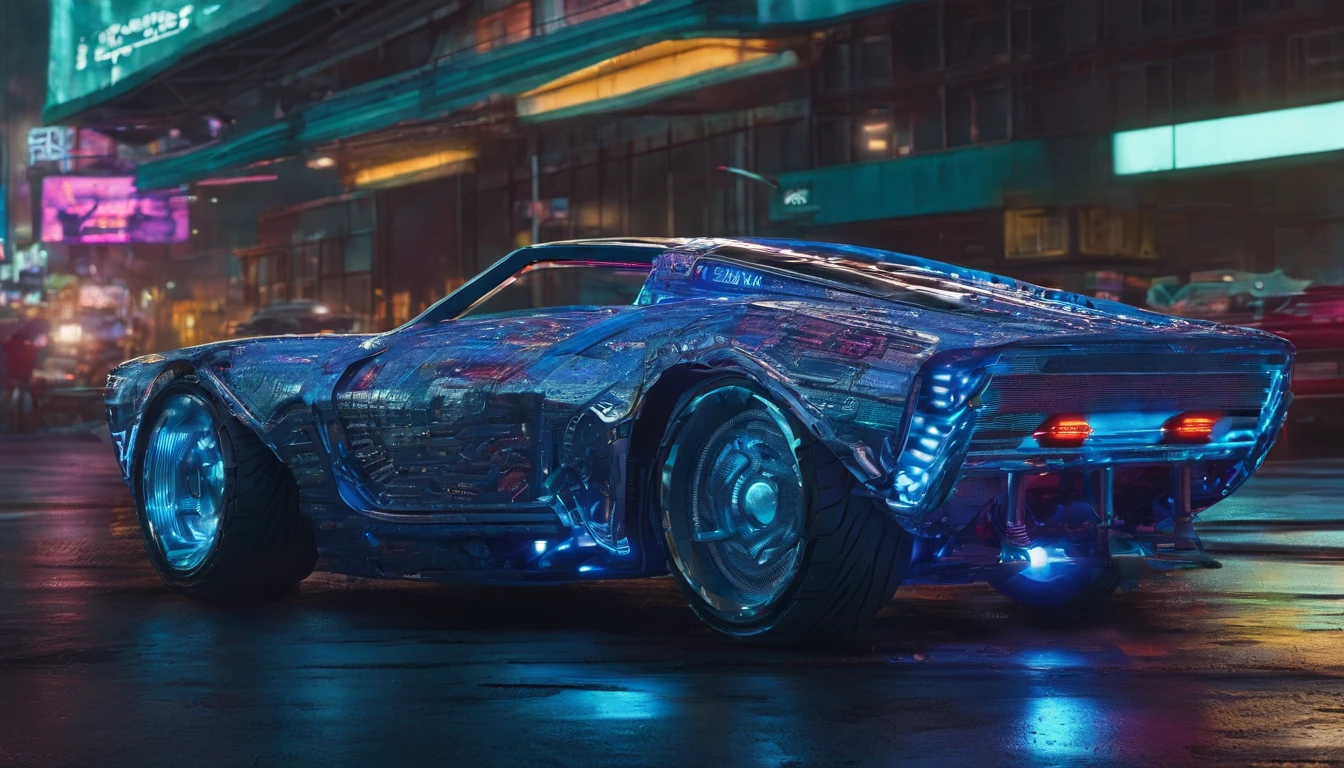 A captivating conceptual art piece featuring an extraordinary 3D render of a metallic raccoon cyberpunk sports car, designed in Michael Westmore's distinctive style. The vehicle is a seamless blend of a 1980s Trans Am and 1974 Winnebago, gliding through the quaint, Main Street of Canton, New York, at midday. The metallic silver and blue wired construction showcases intricate details, from the motherboard integrated into the car's backbone diodes, stacks and riveting ribs, of the vehicle. The design masterfully combines vibrant colors, dark fantasy, and cinematic elements, resulting in a striking portrait of a cyberpunk metallic sports car. 