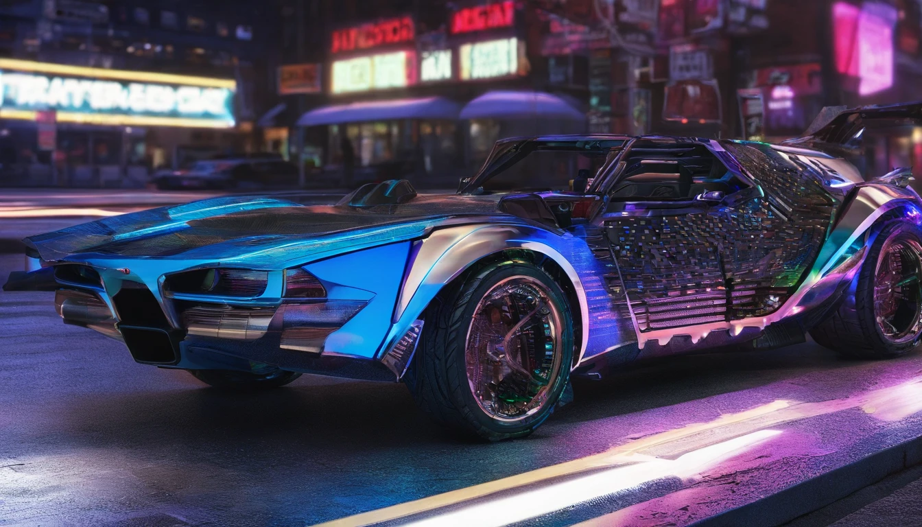 A captivating conceptual art piece featuring an extraordinary 3D render of a metallic raccoon cyberpunk sports car, designed in Michael Westmore's distinctive style. The vehicle is a seamless blend of a 1980s Trans Am and 1974 Winnebago, gliding through the quaint, Main Street of Canton, New York, at midday. The metallic silver and blue wired construction showcases intricate details, from the motherboard integrated into the car's backbone diodes, stacks and riveting ribs, of the vehicle. The design masterfully combines vibrant colors, dark fantasy, and cinematic elements, resulting in a striking portrait of a cyberpunk metallic sports car.