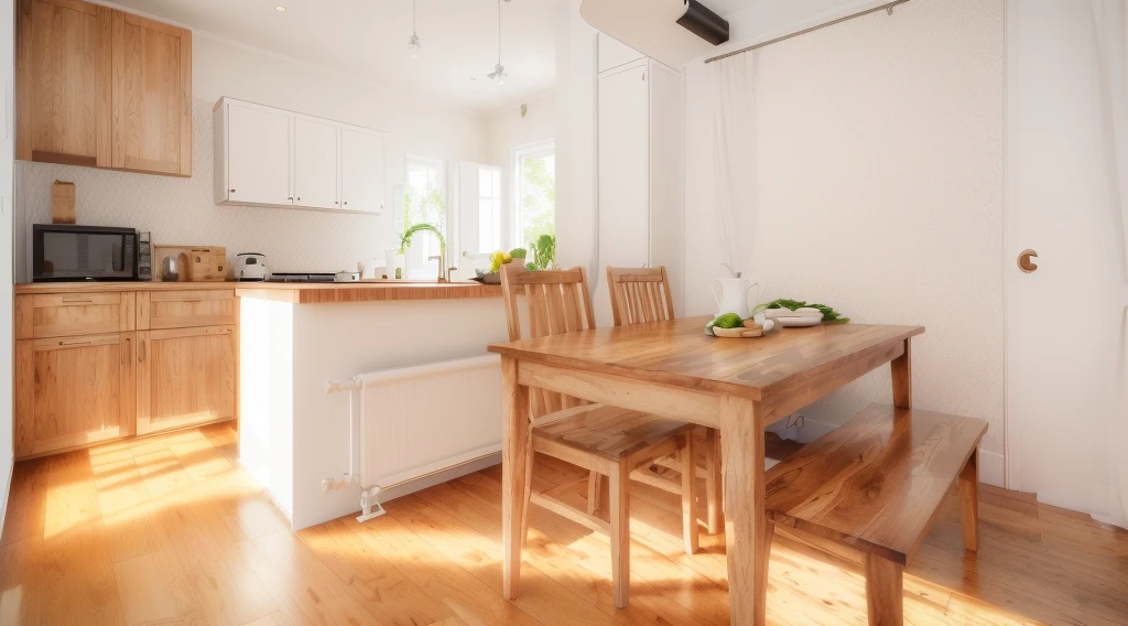 there is a wooden table and bench in a room, oiled hardwood floors, house kitchen on a sunny day, white kitchen table, hardwood floor boards, wooden floors, kitchen table, natural light in room, detailed wooden table, hardwood floors, sun is shining, wooden furtniture, wooden floor boards, dining table, wooden tables, wooden floor, cream - colored room