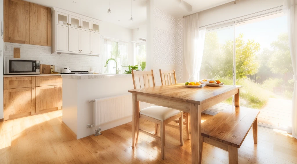 there is a wooden table and bench in a room, oiled hardwood floors, house kitchen on a sunny day, white kitchen table, hardwood floor boards, wooden floors, kitchen table, natural light in room, detailed wooden table, hardwood floors, sun is shining, wooden furtniture, wooden floor boards, dining table, wooden tables, wooden floor, cream - colored room
