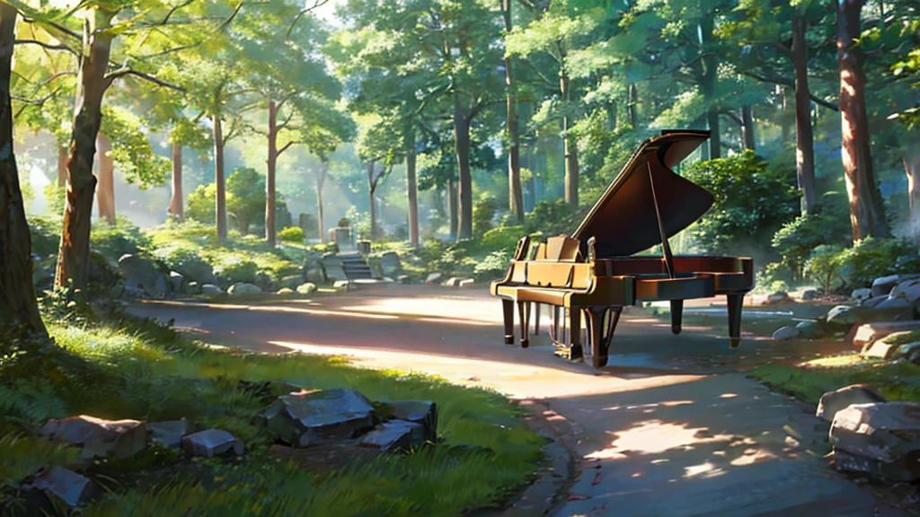 A grand piano placed under a large tree、The soft sunlight filtering through the trees makes it sparkle.、One grand piano、There is no one、With Makoto Shinkai-esque illustration touch、Rough anime style、in the forest
