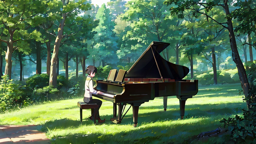 A grand piano placed under a large tree、The soft sunlight filtering through the trees makes it sparkle.、One grand piano、There is no one、With Makoto Shinkai-esque illustration touch、Rough anime style、in the forest