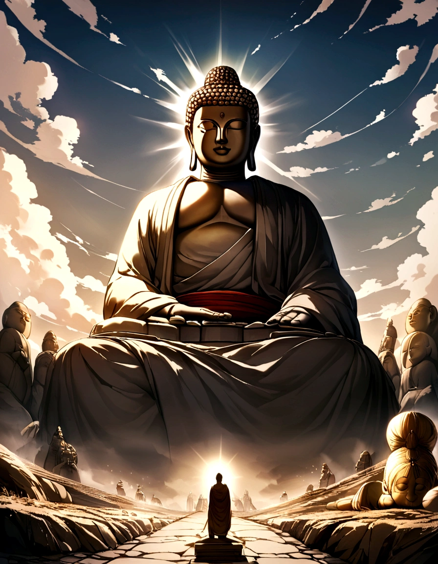 A huge Buddha statue seen in the distance, stone, texture, expensive, Majestic, The background is illuminated by sunlight.,cloud, Inverted Image,side,Pilgrims' Path