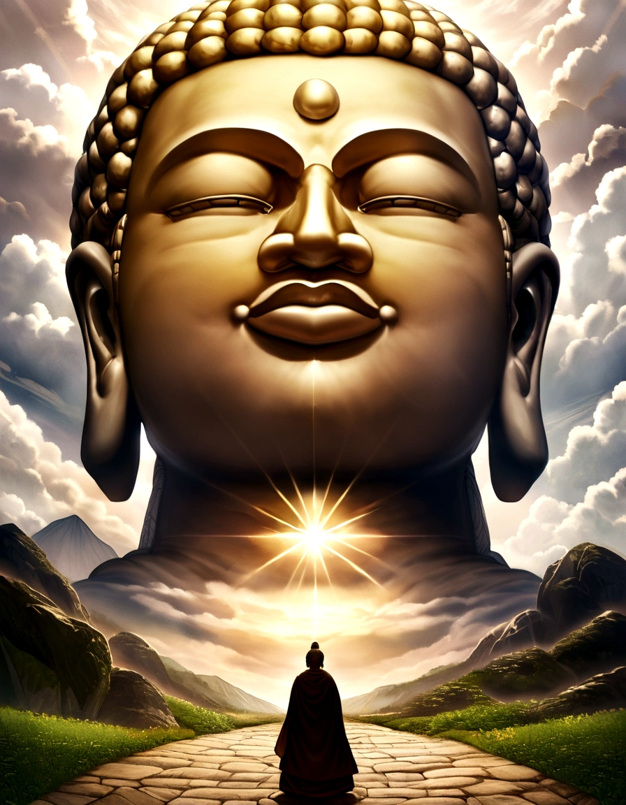 A huge Buddha statue seen in the distance, stone, texture, expensive, Majestic, The background is illuminated by sunlight.,cloud, Inverted Image,side,Pilgrims' Path