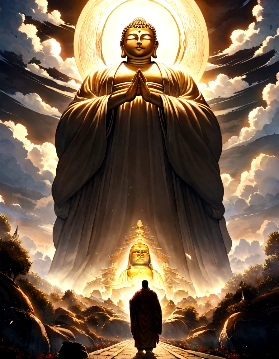 A huge Buddha statue seen in the distance, stone, texture, expensive, Majestic, The background is illuminated by sunlight.,cloud, Inverted Image,side,Pilgrims' Path