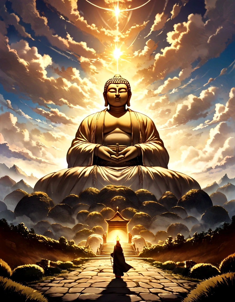A huge Buddha statue seen in the distance, stone, texture, expensive, Majestic, The background is illuminated by sunlight.，cloud, Inverted Image，side，Pilgrims&#39; Path