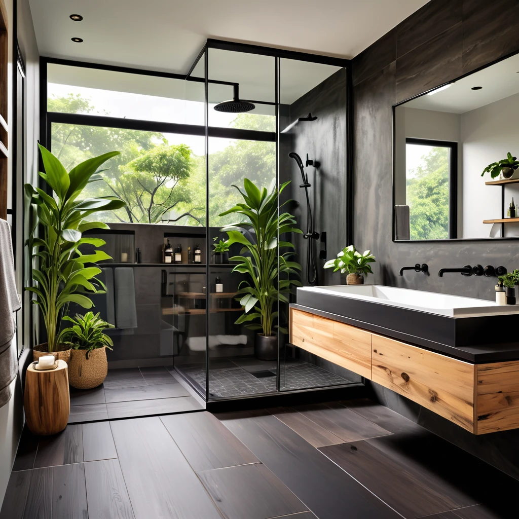 Design a luxurious and modern bathroom with an open glass shower enclosure. The space features a sleek wooden vanity with a large mirror above it, providing a minimalist yet elegant look. The shower area is framed with black metal accents, and the floor is a dark, polished surface. Add a few potted plants around the bathroom to bring