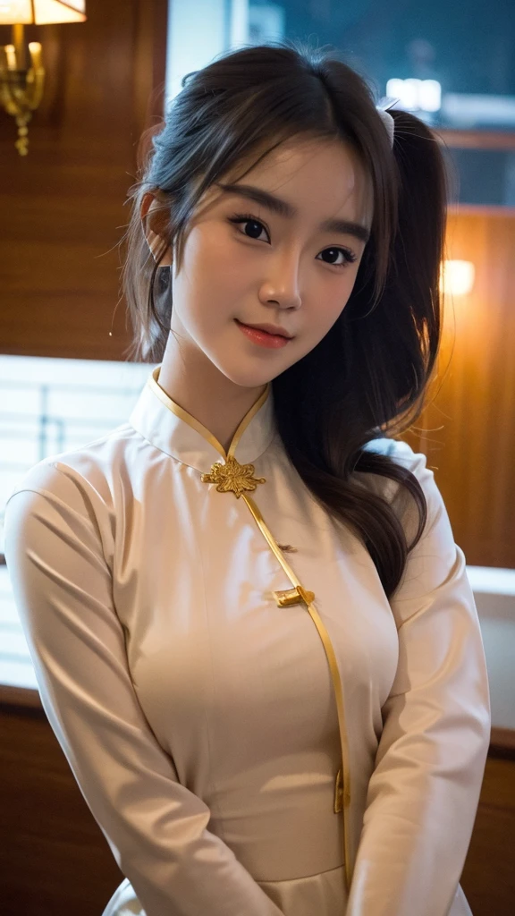 (8K, highest quality, masterpiece: 1.3), (realistic, photorealistic: 1.4), ultra high definition, (ao dai), (no clothes), (japanese female), (high-definition cute face), (large breasts), brown hair, ponytail hair, professional lighting, (closed mouth: 1.2), blush, smile