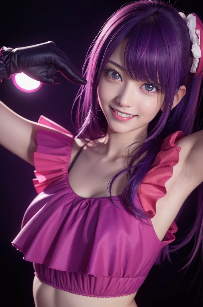 (best quality,4k,8k,highres,masterpiece:1.2),ultra-detailed,(realistic,photorealistic,photo-realistic:1.37),studio lighting,extreme detail description,vivid colors,concept art, small breasts, seductive smile, hoshino ai, purple hair, pink idol outfit, sleeveless, realistic, beautiful japanese female, arms up, armpits visible, ribbon, gloves,