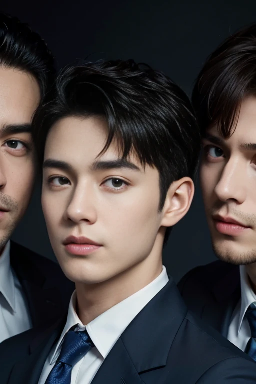 ((masterpiece)),((best quality)),8K,high detail,Very detailed, Very manly,3 men, like,fashion pose, Realistic skin texture, Light,
Royal blue style couple