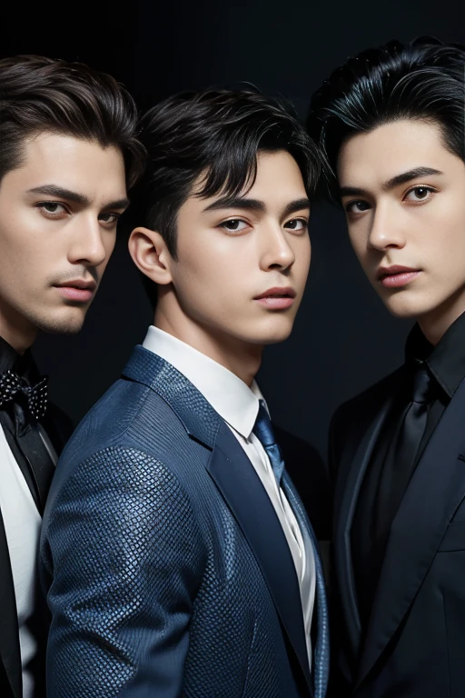 ((masterpiece)),((best quality)),8k,high detail,Very detailed, Very manly,3 men, like,fashion pose, Realistic skin texture, Light,
Royal blue style couple,Perfect hand details,Full chest muscles,Showing chest muscles