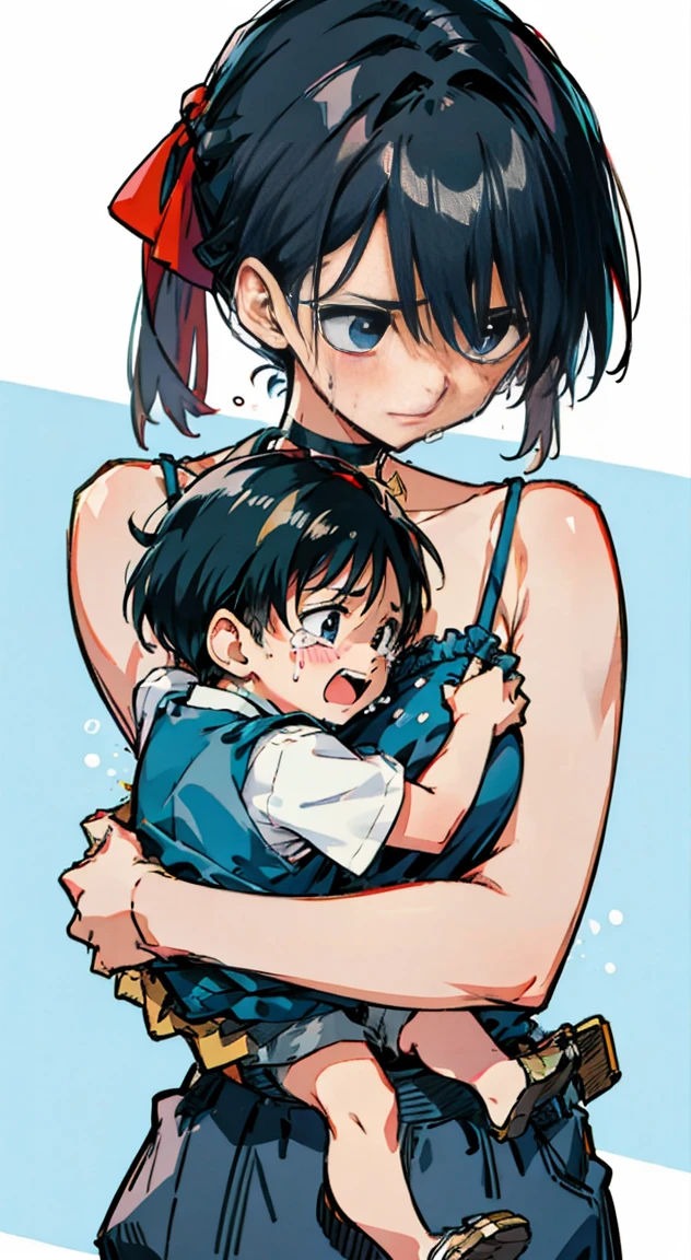 She holds a crying (child:1.22) in a dress and blue camisole with black hair and hair ribbons, choker,