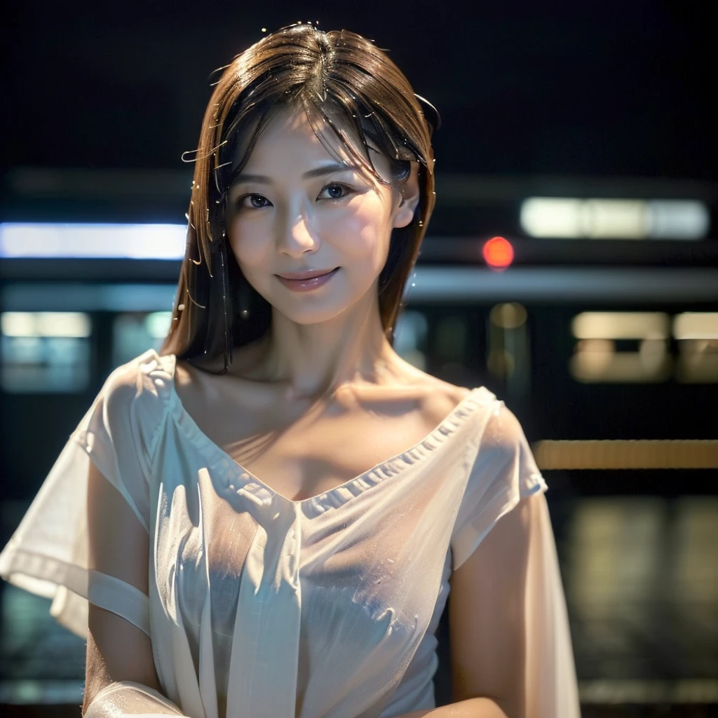 (Very realistic frontal cowboy shot taken by a professional photographer, Seductive pose, 32k, 7 heads、looking at viewer, Staring Intently :1.2),(A pure white, extremely thin fabric business short-sleeved open-neck shirt with a wide V-neck, Soaking wet:1.4)。((Highest quality)), ((masterpiece)), (detailed), (midnight ,A modern train station platform in Tokyo on a dark, pouring, stormy night, Low Key Lighting:1.6)、( A very beautiful, extremely elegant and intelligent 42 year old Japanese woman。Very intelligent and goddess-like face。(An extremely elegant, calm and modest smile, Being drunk、My eyes are watering、I&#39;m lustful、embarrassed ,blush, Curvy Body:1.7)、A short, well-groomed, shiny black haircut。The skin is white and very smooth。　(A very hot rainy summer night、I&#39;m pretty sweaty、My clothes were soaking wet and transparent、When wet, it sticks perfectly to your skin, revealing your beautiful body lines.、Through the extremely thin fabric, her skin and her navy blue, lacy, high-end underwear are clearly visible.:1.9)。(A long navy pencil skirt with a long slit in the front,The clothes fit the body very well:1.8), (The line of the chest, collarbone and décolletage are extremely beautiful.:1.9)。She is looking straight at the camera with a very shy look on her face.。Light makeup and no piercings,A simple and modest pearl necklace、