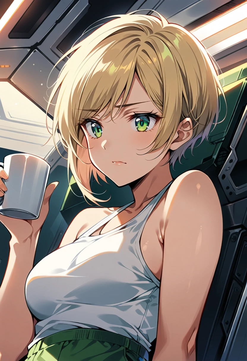 grown woman, very short hair, tomboy, very short hair, pixie cut, bored face, modern hairstyle, short hairstyle, chic and asymmetrical pixie cut, short blonde pixie hair, very short hair, highlights on hair, green eyes, white tank top, green shorts, holding a coffee mug, spaceship interior, medium breasts, masterpiece quality, intricate detail, 4k resolution, ultra hd