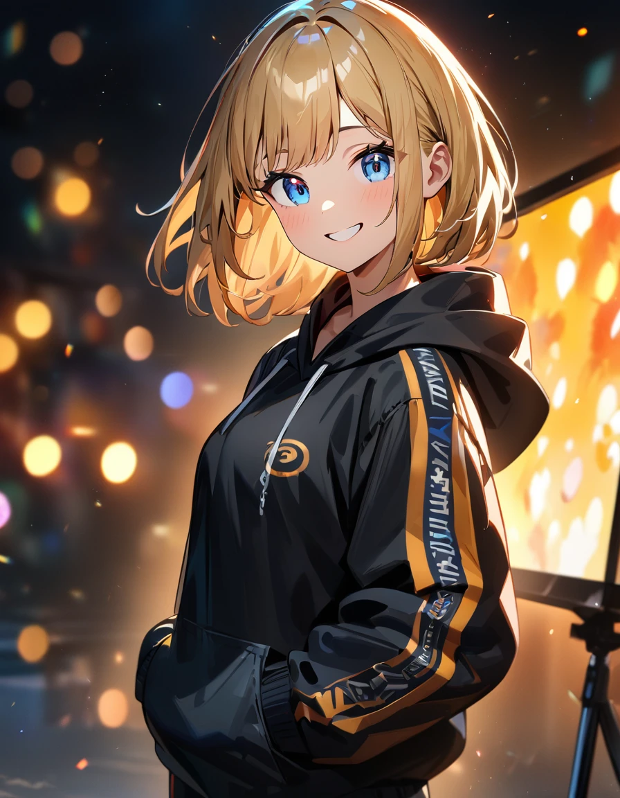 (((One girl))), blond hair, bob cut, (upper body), (looking at viewer), breasts, teenager, head tilt:1.3, (((blue eye))), (from side), hand in pocket, ((happy smile)), black hoodie, black shorts, anime style, (best quality, 4k, 8k, highres, masterpiece:1.2, ultra-detailed, ultra-detailed eyes, HDR, UHD, studio lighting, ultra-fine painting, sharp focus, physically-based rendering, extreme detail description, professional, vivid colors, bokeh)